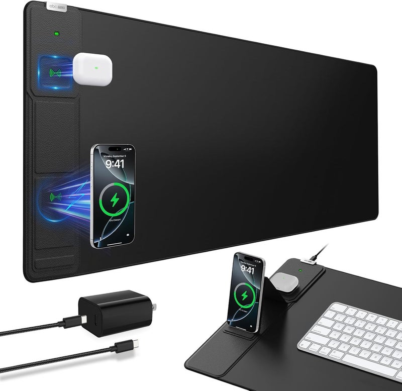 abc.mat Wireless Charging Mouse Pad with Foldable Phone Holder, 31.5"x15.8" Extended Desk Mat for Laptop/Keyboard, Waterproof Ultra-Smooth Surface, Non-Slip Base & 20W PD Adapter, Black - Image 1